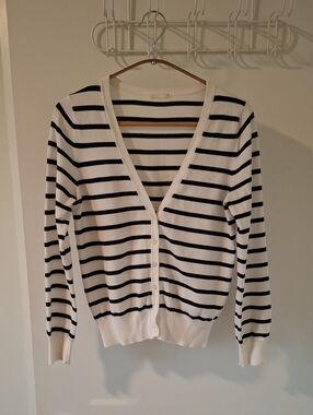 GU Classic Preppy White & Black Cotton Breton Stripe V-neck Cardigan (Size S)
